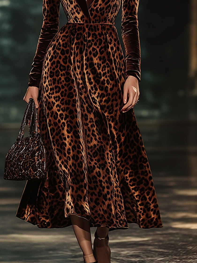 FJØRNA velvet leopard print midi dress with long sleeves and a fitted waist, showcased on a model in a stylish evening setting.