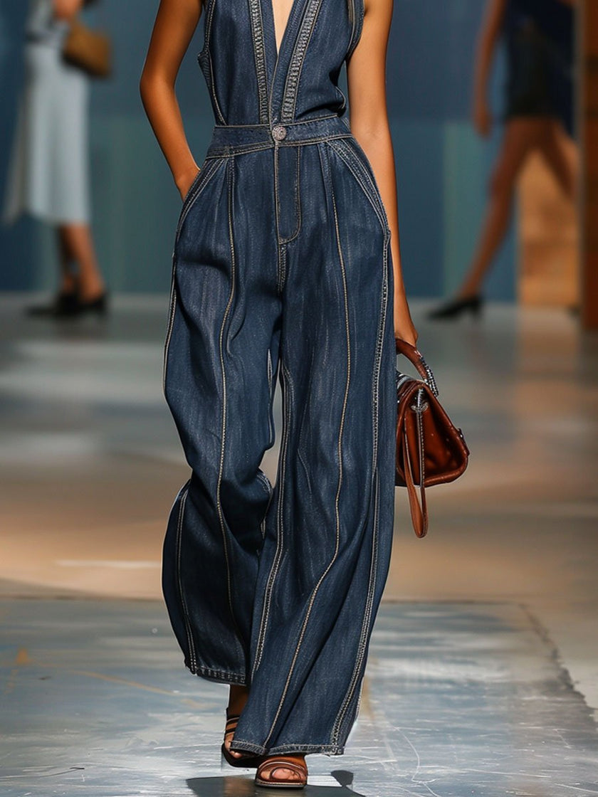 Dark blue denim V-neck sleeveless jumpsuit with wide-leg pants, styled by FJØRNA, shown on a mannequin.