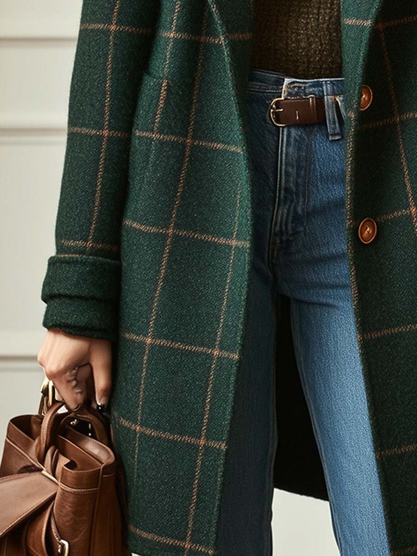 Wool Blend Check Coat Women Lapel Collar Tweed Winter