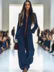 FJØRNA women's dark blue denim jumpsuit with wide-leg pants and long sleeves, featuring topstitching detail.