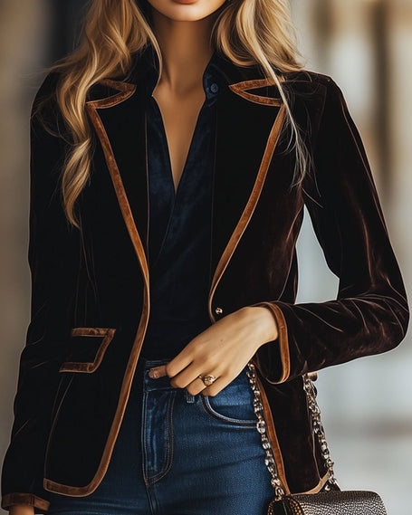 Brown velvet color-block striped blazer with pockets by FJØRNA, featuring a stylish tailored design and contrasting fabric panels.
