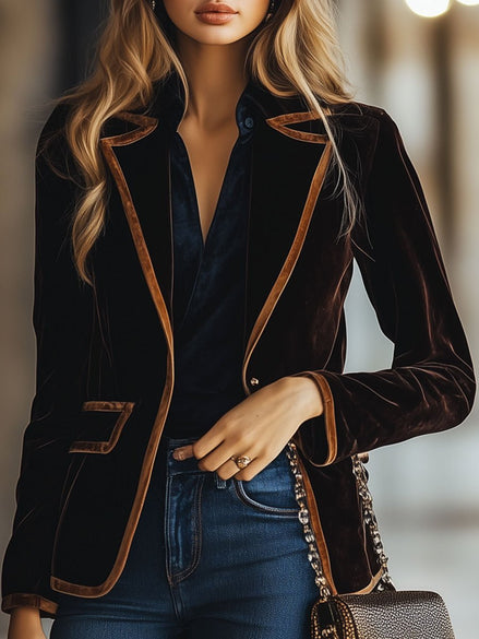 Brown velvet color-block striped blazer with pockets by FJØRNA, featuring a stylish tailored design and contrasting fabric panels.