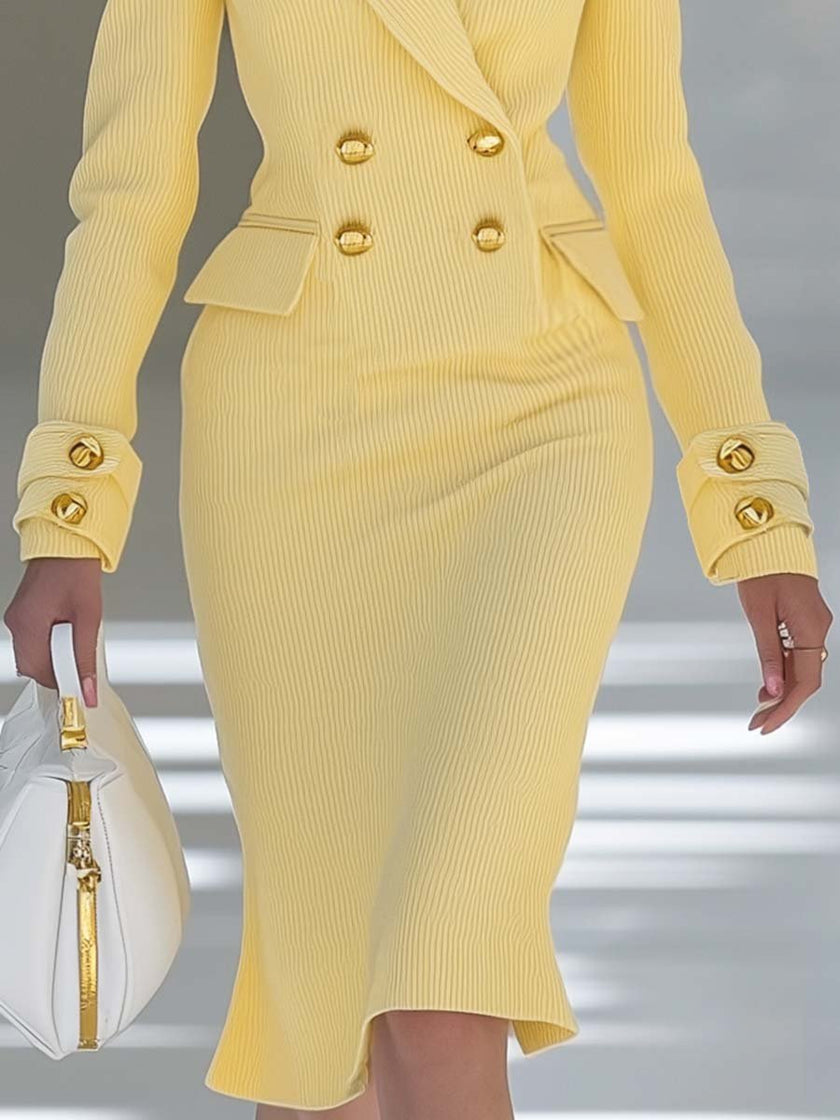 Yellow knit V-neck midi dress by FJØRNA, featuring a stylish evening dress design with a fitted silhouette and knee-length hem.
