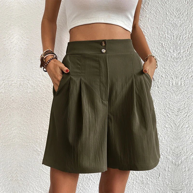 Lightweight high-waist summer shorts for women by FJØRNA with wide-leg style, soft fabric, and a relaxed fit.