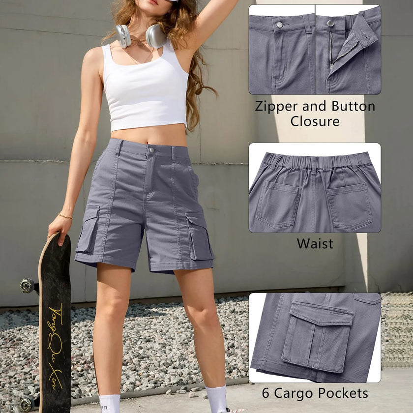 FJØRNA women's high waist relaxed-fit cargo shorts in lightweight, breathable fabric, perfect for summer casual wear.