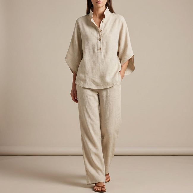 FJØRNA women's khaki two-piece co-ord set with button front top and matching pants, stylish and elegant women's clothing ensemble.