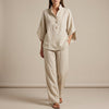 FJØRNA women's khaki two-piece co-ord set with button front top and matching pants, stylish and elegant women's clothing ensemble.