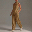 Khaki FJØRNA women's two-piece co-ord set with V-neck top and pockets, perfect for summer casual wear.