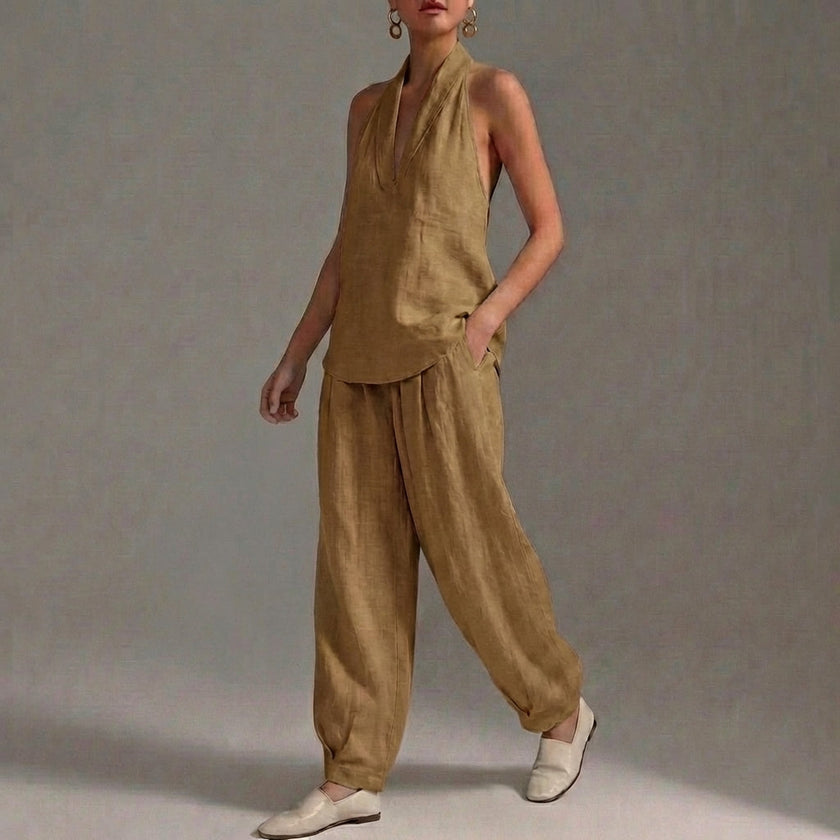 Khaki FJØRNA women's two-piece co-ord set with V-neck top and pockets, perfect for summer casual wear.