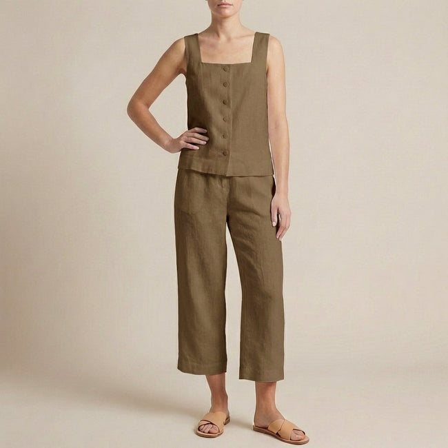 Khaki two-piece women's co-ord set by FJØRNA with button-front top and square neckline, shown on a mannequin.