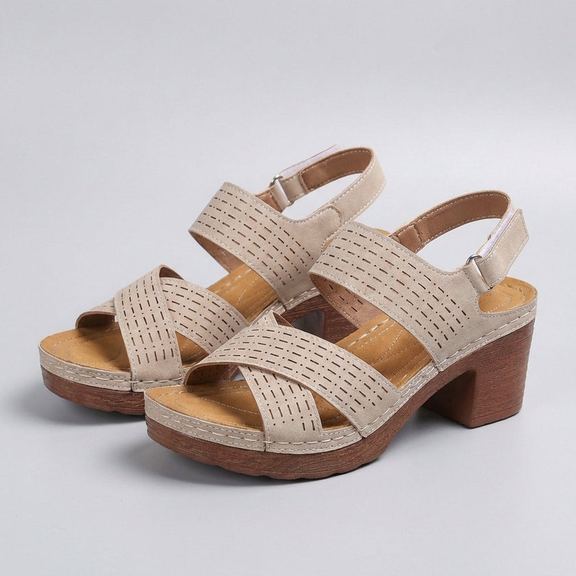 FJØRNA orthopedic criss-cross slingback platform sandals for women with block heel and khaki straps, stylish and supportive footwear.