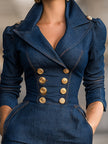Blue FJØRNA double-breasted structured denim midi dress with long sleeves and tailored fit, perfect for cocktail occasions