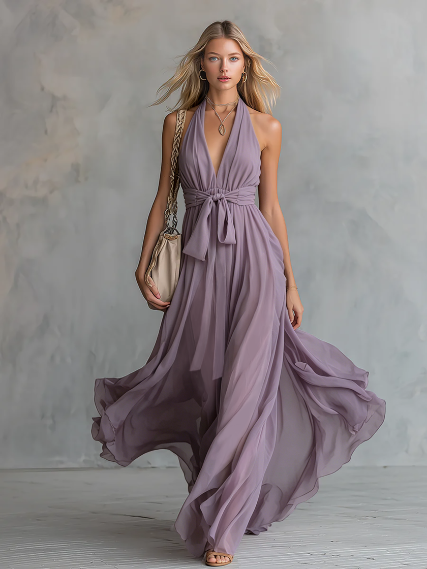 FJØRNA chiffon halter neck maxi dress in elegant evening style, flowing fabric and floor-length design for formal occasions