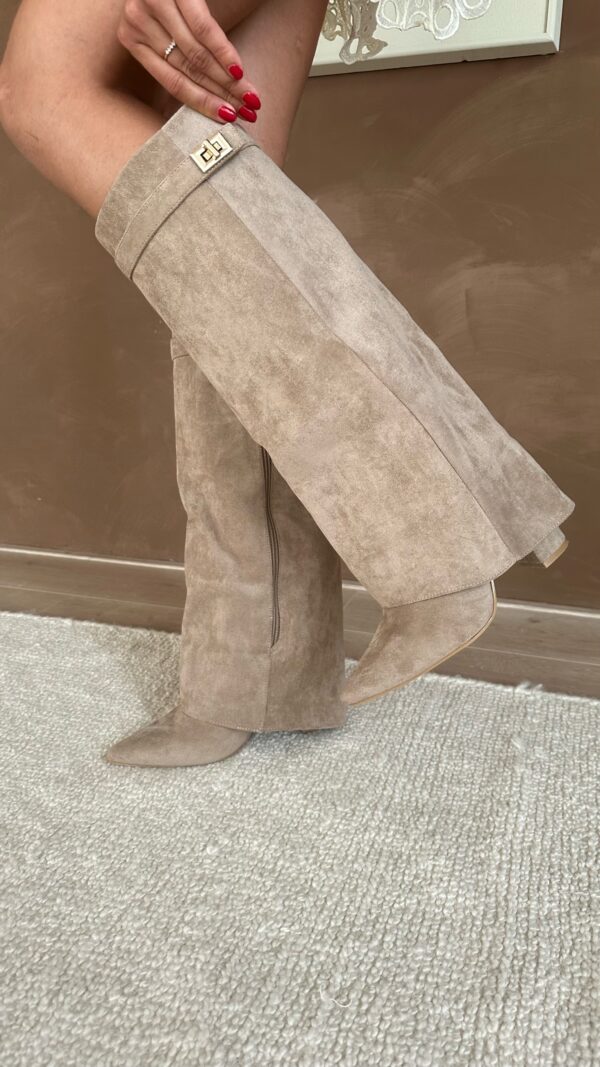 Knee High Boots Suede Block Heel Buckle Inside Zip Winter Boots | Olive