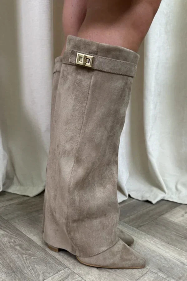 Knee High Boots Suede Block Heel Buckle Inside Zip Winter Boots | Olive