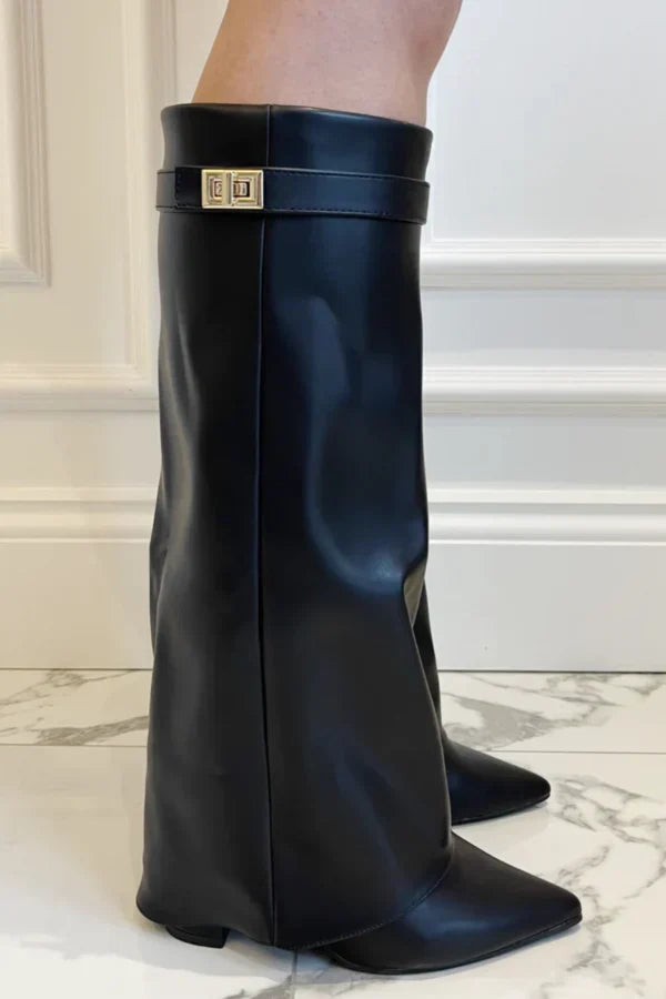 Knee High Boots Suede Block Heel Buckle Inside Zip Winter Boots | Olive