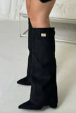 Knee High Boots Suede Block Heel Buckle Inside Zip Winter Boots | Olive