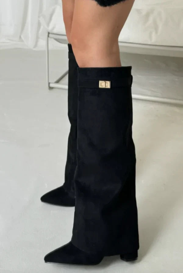 Knee High Boots Suede Block Heel Buckle Inside Zip Winter Boots | Olive