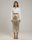 FJØRNA sequin high-waist midi bodycon skirt for women, elegant pencil midi skirt with shimmering sequins and a fitted silhouette.
