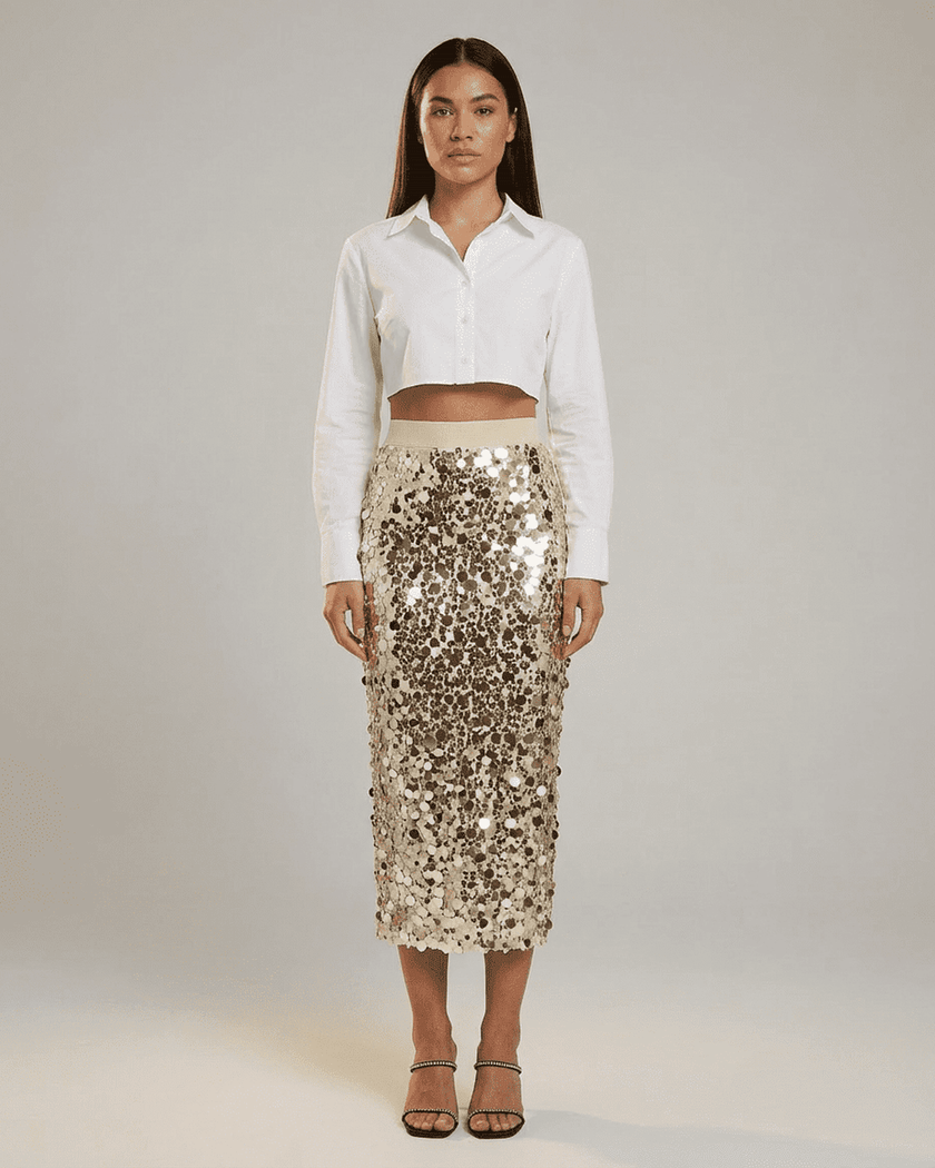 FJØRNA sequin high-waist midi bodycon skirt for women, elegant pencil midi skirt with shimmering sequins and a fitted silhouette.