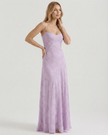 FJØRNA lavender lace maxi dress for women with spaghetti straps, floral print, sheer fabric, and lace-up back, elegant wedding guest dress.