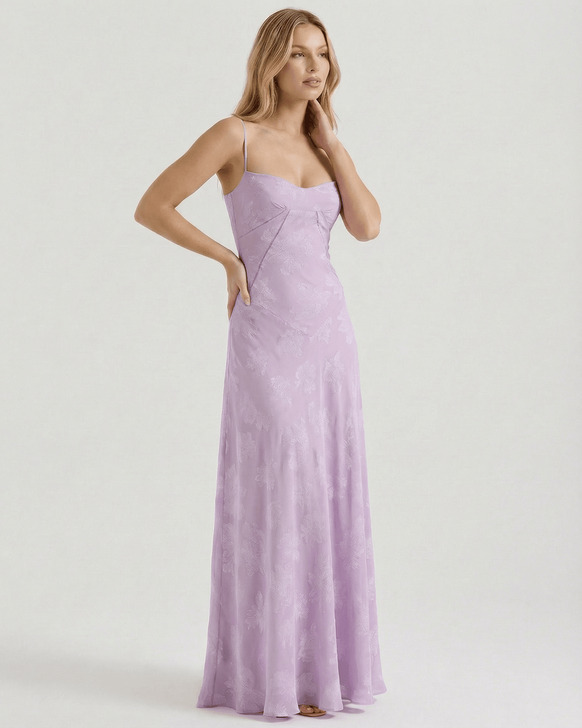 FJØRNA lavender lace maxi dress for women with spaghetti straps, floral print, sheer fabric, and lace-up back, elegant wedding guest dress.