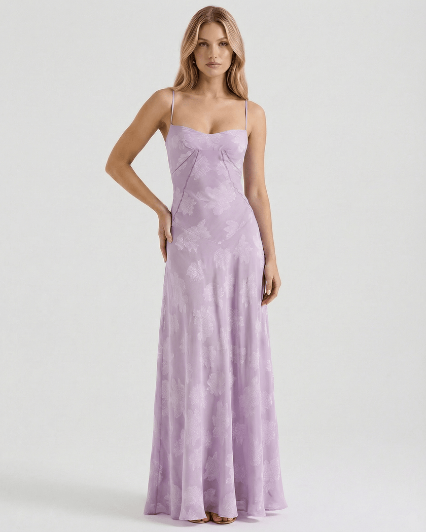 Lavender lace spaghetti-strap maxi dress by FJØRNA featuring floral print, sheer fabric, and lace-up back for women.