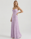 FJØRNA lavender floral lace spaghetti-strap maxi dress for women, sheer lightweight wedding guest dress with elegant design.