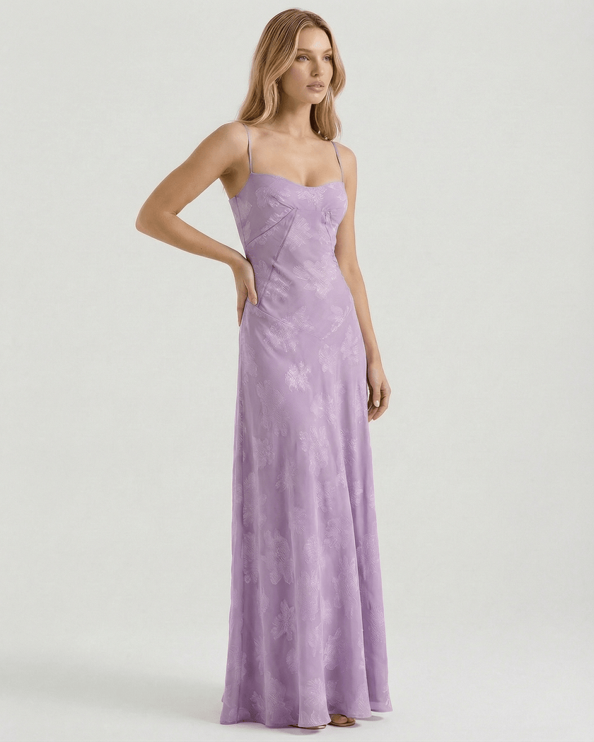 Lavender floral print maxi dress by FJØRNA featuring lace spaghetti straps, sheer fabric, and a lace-up back for women.