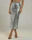 FJØRNA sequin bodycon midi skirt for women, high waist, grey, elegant evening fashion, close-up of the fitted skirt.