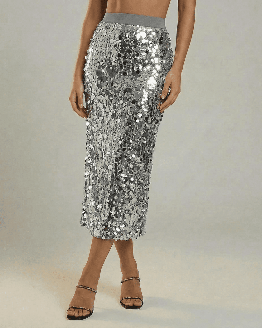 FJØRNA sequin bodycon midi skirt for women, high waist, grey, elegant evening fashion, close-up of the fitted skirt.