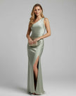 FJØRNA satin tailored maxi dress in sage green, one-shoulder design, elegant women’s dress for formal occasions.