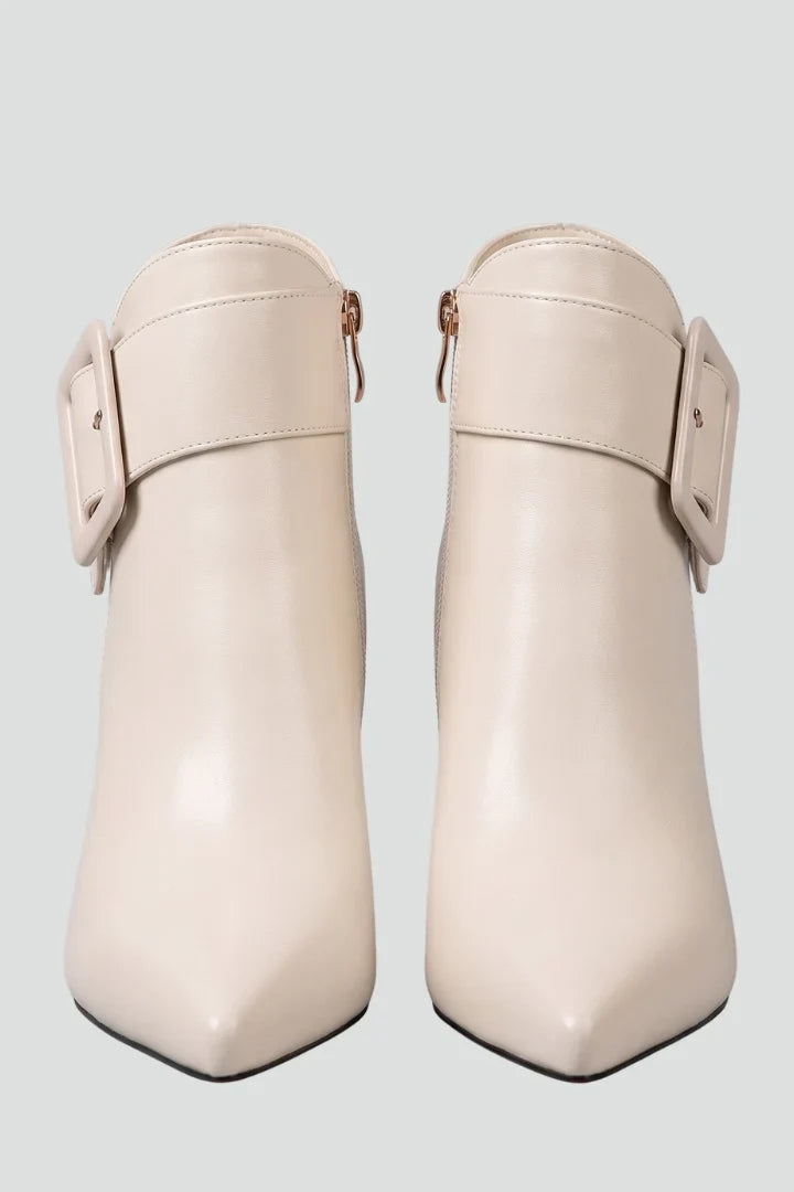 Freya | Women's Leather Ankle Buckle Zip Pointed Toe Boots with Block-Heel