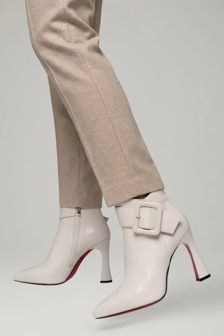 Freya | Women's Leather Ankle Buckle Zip Pointed Toe Boots with Block-Heel