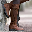 Freya | Women's Leather Knee High Buckle Strap Round Toe Boots with Block-Heel