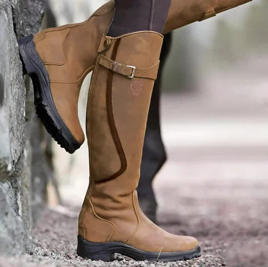 Freya | Women's Leather Knee High Buckle Strap Round Toe Boots with Block-Heel