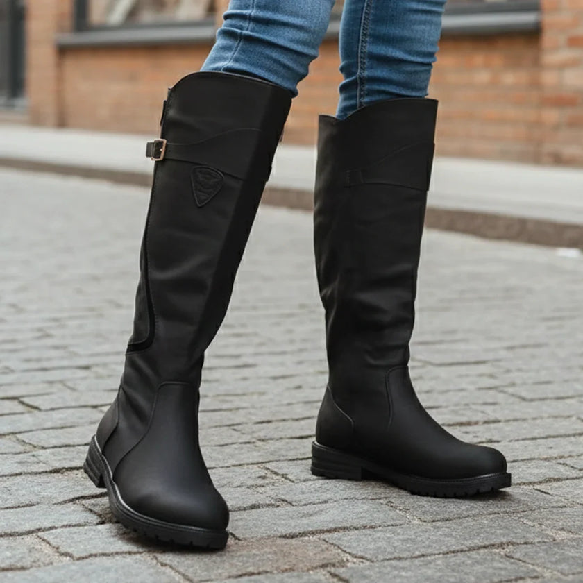 Freya | Women's Leather Knee High Buckle Strap Round Toe Boots with Block-Heel