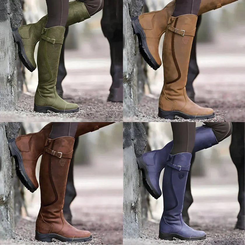 Freya | Women's Leather Knee High Buckle Strap Round Toe Boots with Block-Heel