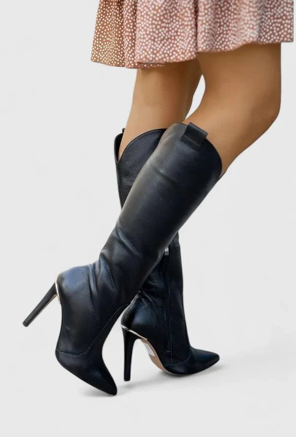 Freya | Women's Leather Knee High Pointed Toe Stiletto Heel Boots with Comfortable