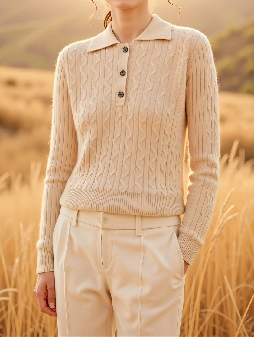 Cable Knit Polo Sweater Women Wool Cashmere Blend Winter