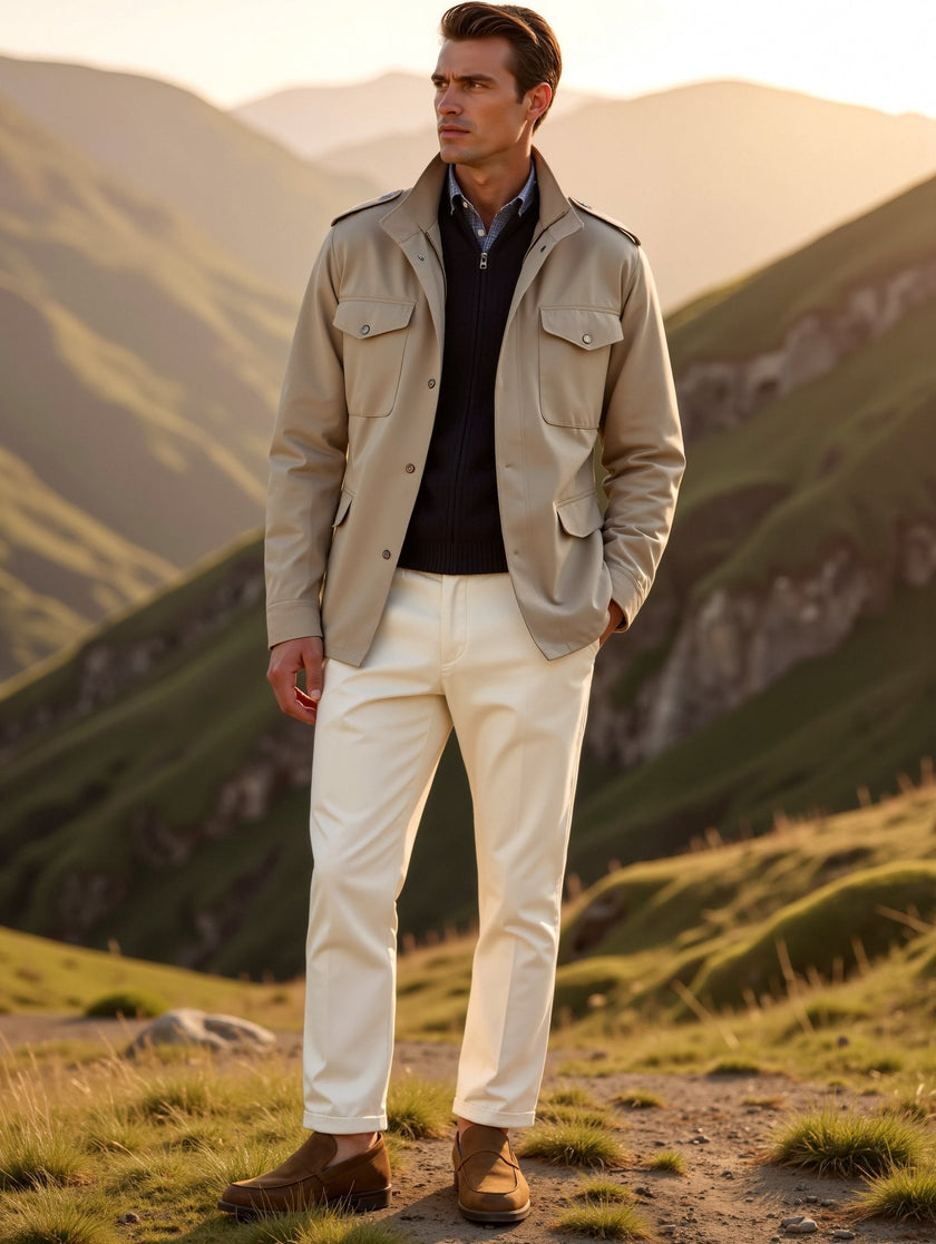 Field Coat Men Cotton Lapel Collar Button Zip Front Regular Fit