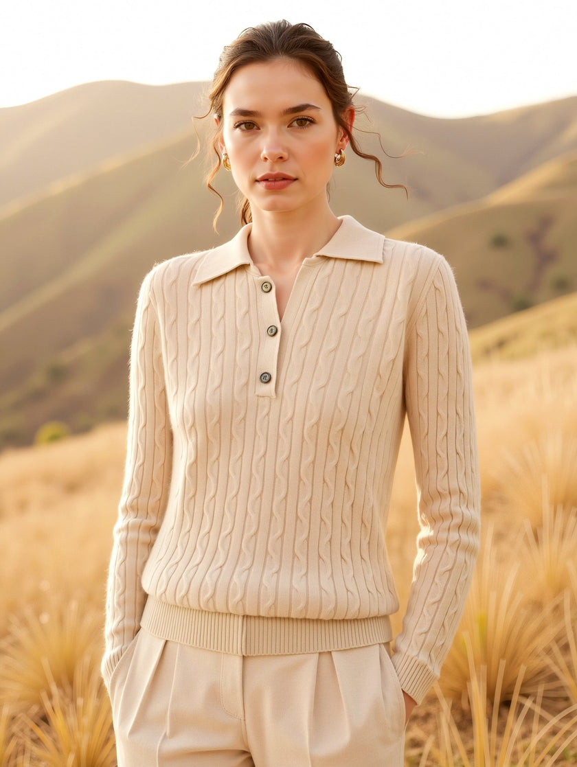 Cable Knit Polo Sweater Women Wool Cashmere Blend Winter