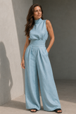Two-Piece Set Women Sleeveless Top Wide Leg Solid