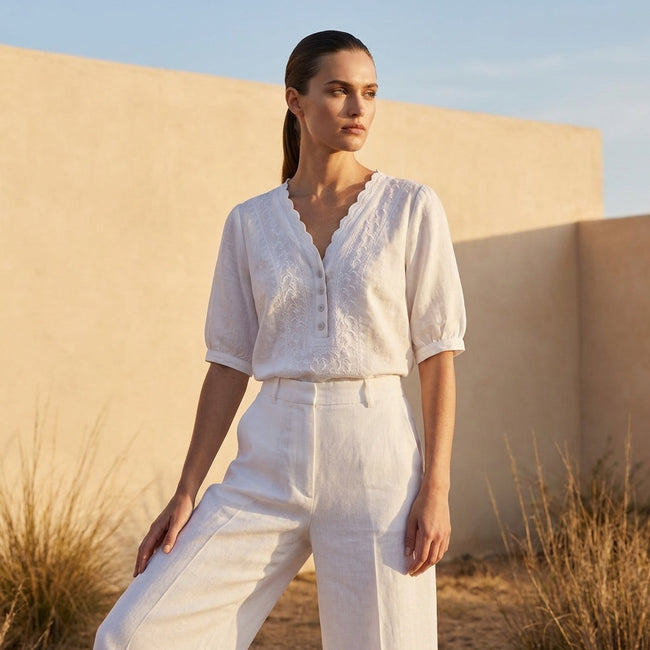 FJØRNA summer women's blouse with V-neck, short sleeves, linen fabric, casual style, worn outdoors on a sunny day.