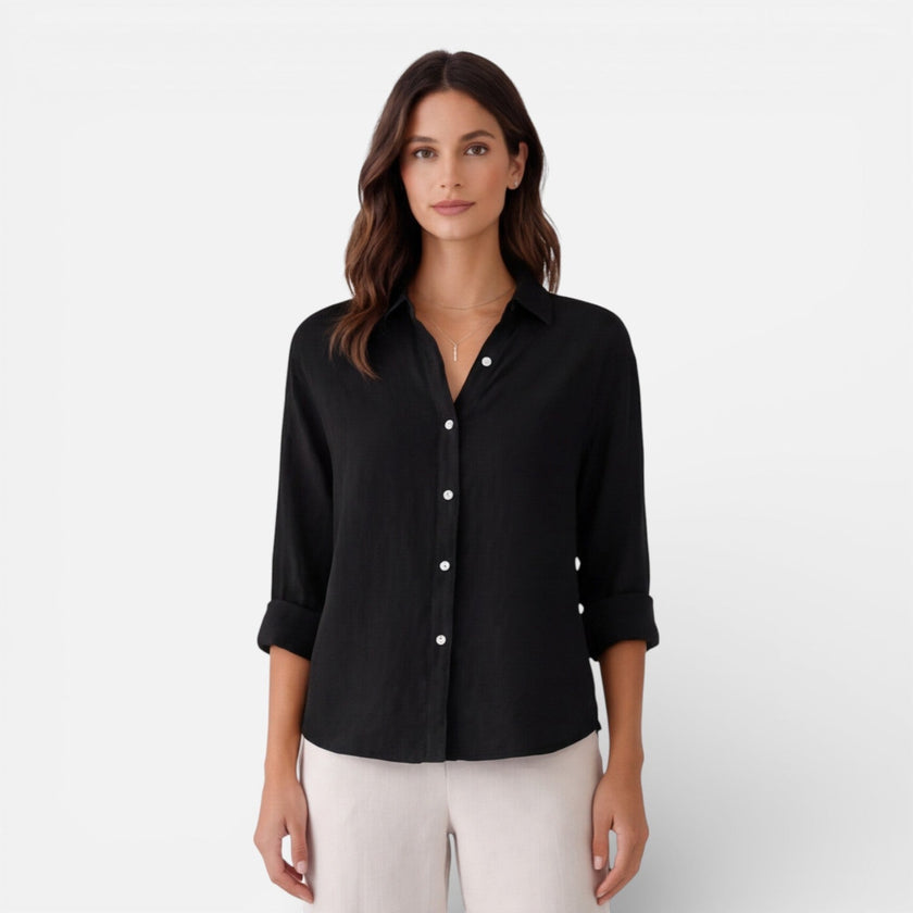 FJØRNA women's linen cotton blend shirt with a relaxed fit, breathable fabric, perfect for summer wear.