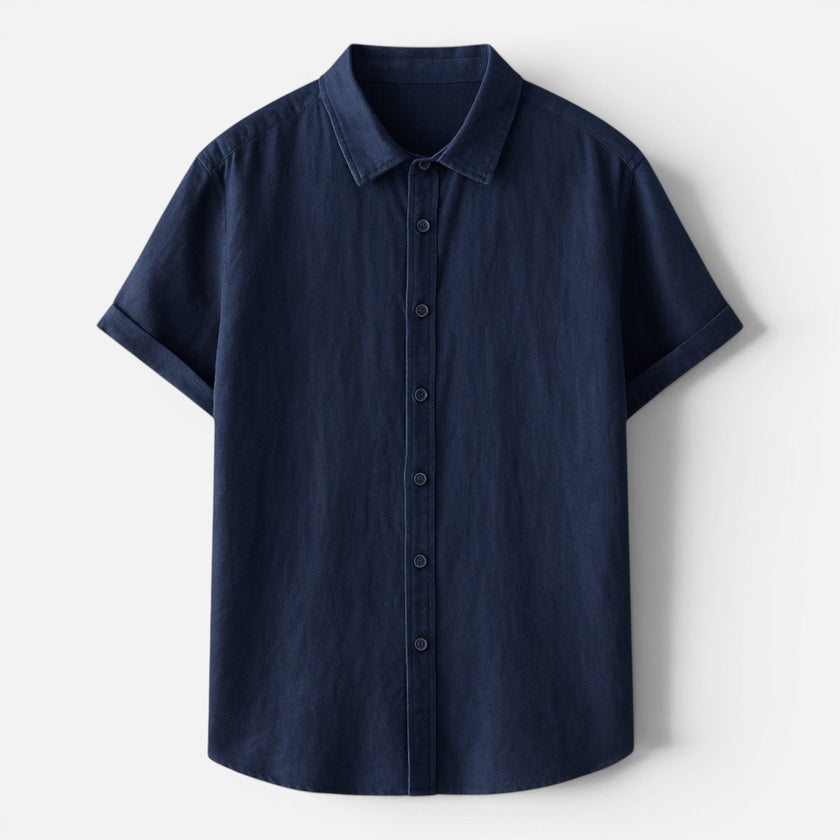 Men's linen shirt by FJØRNA, breathable cotton blend short sleeve button-up shirt for men, casual summer clothing.