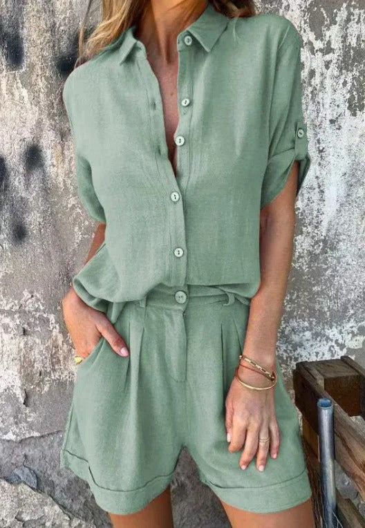 FJØRNA lightweight summer two-piece women's co-ord set with breathable, flowy fabric, perfect for warm weather.