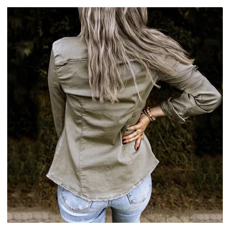 Denim Shirt Jacket Women Relaxed Fit Button Front Chest Pockets