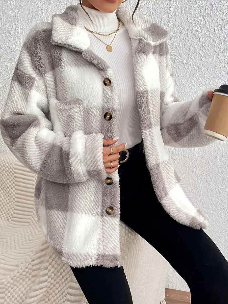 Bronwyn | Women's Plaid Oversized Button-Up Fleece Jacket