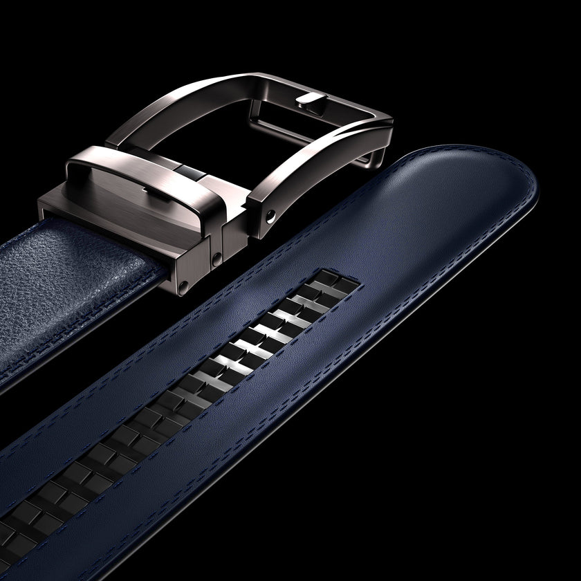 Men's vegan leather ratchet belt with silver buckle, adjustable unisex design by FJØRNA.